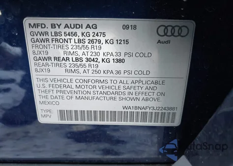 2018 Audi Q5 2.0T Premium/2.0T Tech Premium из США, поврежденный, VIN WA1BNAFY3J2243881